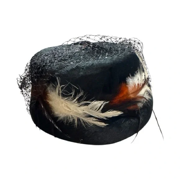 Vtg 1940s Velvet Pillbox Hat Feather Birdcage Veil Union USA Kentucky Derby - Picture 3 of 12